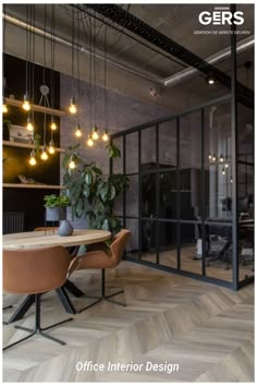 an office interior design with wood flooring