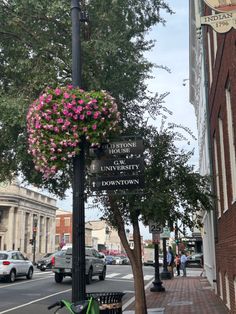 a bike parked on the side of a street next to a lamp post with flowers hanging from it