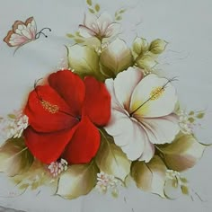 a painting of red and white flowers on a table cloth with butterflies in the background