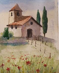 a watercolor painting of a church on a hill with poppies in the foreground