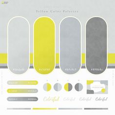 the yellow and gray color palettes are all in different shapes, sizes, and colors