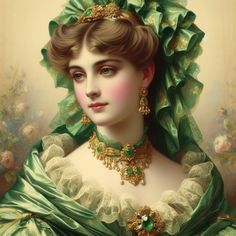 a painting of a woman in green dress and tiara with gold jewelry on her head