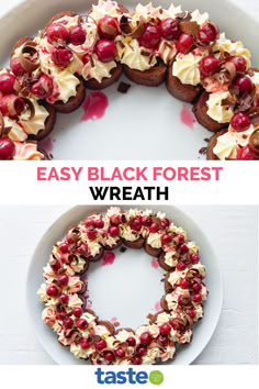 an easy black forest wreath made out of cupcakes and cranberries is ready to be eaten