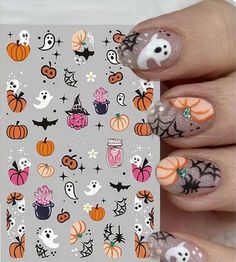 Spooky little friends are along for the ride in these cute Halloween decals.  Orange and pink pumpkins, ghosts, bats, and  spider webs are ready to make your nails say "Halloween" without scaring the little ones.  Perfect nail decals for a slight amount of fright.                      ️🕸️🕯️ Use tweezers to carefully remove the decal from backing sheet. Apply on top of your dried nail polish or cured gel polish. A clear top coat is recommended for lasting wear. Halloween Nail Decals, Halloween Decals, Nail Stickers Decals, Nail Art Stickers Decals, Spider Webs, Pink Pumpkins, Great Nails, Halloween Nail, Halloween Nail Art