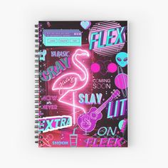 a spiral notebook with neon pink and blue graphics