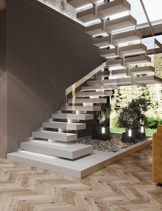 the stairs are made of wood and have glass vases with plants in them on each side