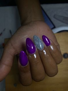 Plum And Silver Nails, Purple Gray Nails, Dark Purple And Silver Nails, Purple And Grey Nails, Silver And Purple Nails, Sparkly Nails Acrylic, Purple Winter Nails, Purple And Silver Nails