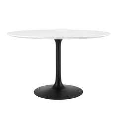 an oval white table with black base on a white background, viewed from the front