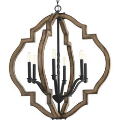 a wooden chandelier with candles hanging from the center and four lights on each side