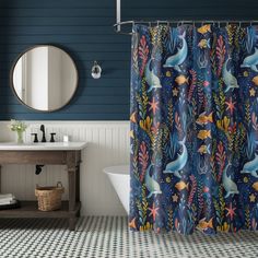 a bathroom with blue walls and a shower curtain