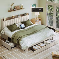 a bedroom with a bed, nightstands and books on the shelf next to it