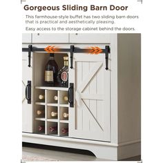 an advertisement for a wine rack with bottles in it and the words, gorgeous sliding barn door