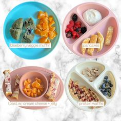 four plates with different types of food in them on a marble counter top, labeled blueberry, yogurt, and creme filling