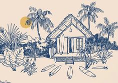 a drawing of a beach hut with surfboards and palm trees in the foreground