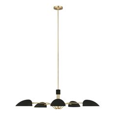 a chandelier with three black shades hanging from it's center point,