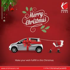 a christmas card with a car pulling a santa clause on a rope and the words merry christmas