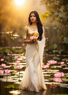 a woman in a white and gold sari standing on water lillies