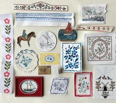 many different items are displayed on a white surface with red and blue trimmings