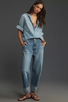 The Lonnie Cuffed High-Rise Crop Jeans by Pilcro | Anthropologie Business Casual Wardrobe, Denim Outfit Men, Parisian Outfit, Denim Jeans Fashion, Casual Outerwear, Classy Casual Outfits, Jeans Outfit, Crop Jeans, Best Jeans