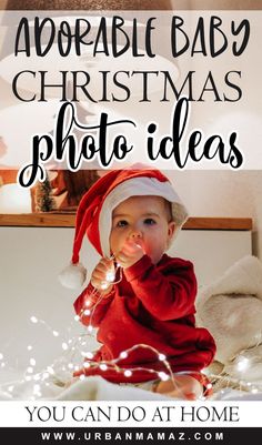 Adorable Baby Christmas Photo Ideas You Can Do at Home 6 Month Baby Christmas Pictures, Infant Christmas Lights Photo, Easy Diy Baby Christmas Pictures, Baby Christmas Photos With Lights, 1 Year Christmas Photos, Diy Christmas Pictures Toddler, Family Christmas Cards With Baby, Babies Christmas Photos, Baby In A Box Christmas