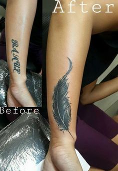 before and after photos of a woman's arm with a feather tattoo on it