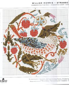 a cross stitch pattern with birds and flowers on it's side, as well as the words william morris strawbie