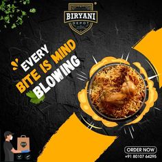 an advertisement for biyanni's every bite is mind blowing with chicken and rice