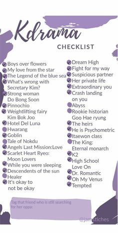 the kdrama checklist is shown in purple and white with words on it