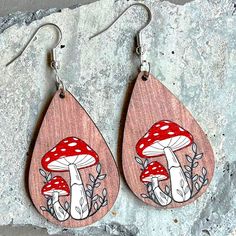 Groovy Mushroom Wood Earrings Dangle Tear Drop Retro Hippie Boho Gift Brand New In Original Package No Tags Attached Wooden Dangle Drop Earrings Cute Mushrooms With Plant Leafy Vines Great For Home Office Work Or School Christmas Holiday Party Stocking Stuffer Gift ***Check Out My Other Great Items*** Bundle & Save $$ On Shipping Turkey Mushroom, Groovy Mushroom, Wood Jewelry Diy, Mushroom Jewelry, Turquoise Western, Laser Cut Earrings, Hand Painted Earrings, Wood Christmas Ornaments, Animal Earrings