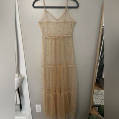 Never Worn, Small, Boutique Style, Gold Stars, Funky Gold Spaghetti Strap Maxi Dress For Spring, Sheer Gold Dress, Small Boutique, Boutique Style, Star Pattern, Cream And Gold, Gold Dress, Mesh Dress, Gold Stars