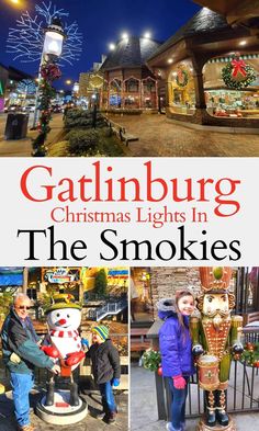 a christmas celebration in the smokies with pictures of people standing around and smiling