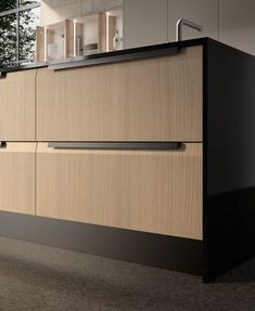 a modern kitchen with black counter tops and wooden cabinets in the center, along with plants