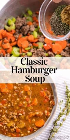 two pictures with different types of soup in them and the words classic hamburger soup on top