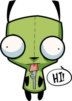 a green cartoon character with big eyes and tongue sticking out from behind it's head