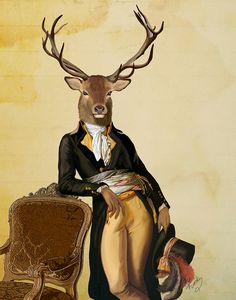 a painting of a deer with antlers on it's head sitting next to a chair