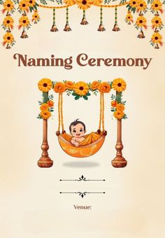 a baby in a hammock surrounded by sunflowers with the words naming ceremony