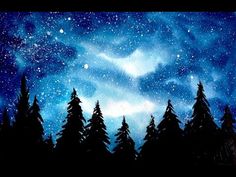 the night sky with stars and trees painted on canvases, as well as acrylic paint