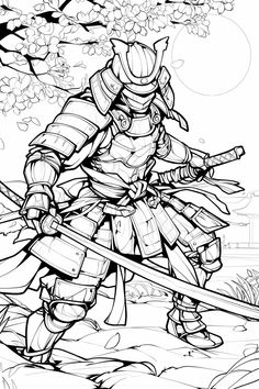 Unleash your creativity with this dynamic samurai in battle stance coloring page! Perfect for those who love martial arts and historical themes, this free printable features a fierce samurai ready for action under a blooming cherry blossom tree. Ideal for both kids and adults who enjoy detailed and powerful artwork, download now and add your colors to this exciting scene. Line Art Japanese, Samurai Coloring Pages, Samurai Art Tattoo, Samurai Drawings, Battle Stance, Powerful Artwork