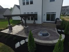 an outdoor patio with fire pit and seating area