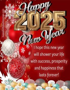 a happy new year card with balloons and snowflakes on the bottom, in gold and red