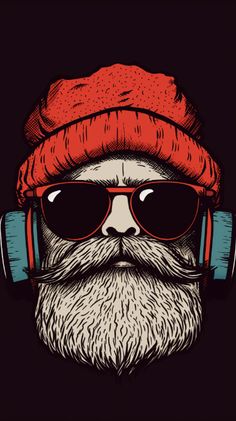 a hipster with headphones and a beard wearing a red hat, sunglasses and a pair of headphones