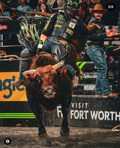 a man riding on the back of a bull