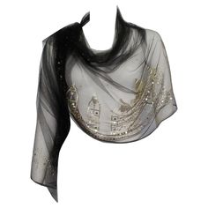 For Sale on 1stDibs - Product Details: Fine Silver Metal Sequin - Soft Mesh Tulle Net Wrap Scarf / Shawl - Raw Edge Hemline - RARE - Intricate Fine Silver Sequin Detailing Throughout Tulle Shawl, Black Scarf, Wrap Scarf, Silver Sequin, Raw Edge, Fine Silver, Scarf Shawl, Scarf Wrap, Metallic Silver