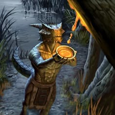 a painting of a creature holding a plate in his hand and looking at the water