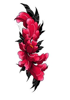 red flowers with black leaves are on the side of a white background and is drawn by hand