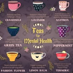 the teas for mental health poster with different types of cups and saucers on it