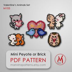 There are 5 PDF file with a Valentine's Day Animal Couple love hearts brick stitch bead pattern for earrings, brooch pin or pendant necklace. Designs created on a peyote chart can be rotated to weave as brick stitch. You can download it from Etsy right after the payment transaction. To create a pair of earrings you need to repeat the pattern twice. File includes: 1. A bead legend includes the color numbers and count of the Miyuki delica 11/0 beads size for the suggested length 2. The pattern design 3. A large, detailed, numbered graph of the pattern. 4. A word chart of the pattern Miyuki Delica seed beads 11/0 are used for my patterns. But you can use bead type you like. The colors displayed may vary on different monitors due to individual graphic settings. You do not have to be affected b