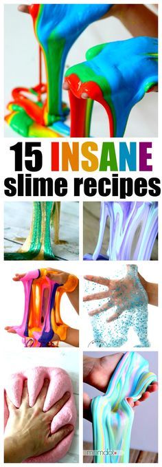 the cover of 15 insane slime recipes, with images of different colors and shapes