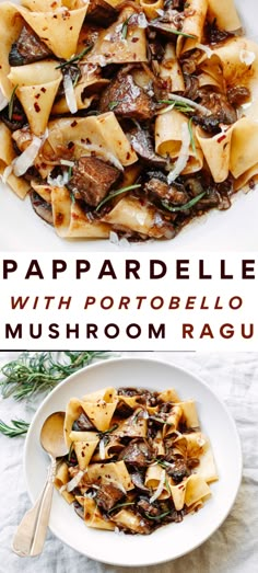 pasta with mushrooms and herbs in a white bowl on top of a table next to a plate