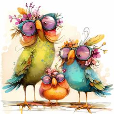 two colorful birds with sunglasses on their heads